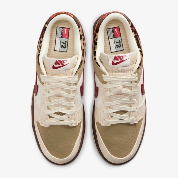 Nike Dunk Low SE Sneakers - Cream/Tan/Burgundy with Leopard Trim - Picture 4 of 5